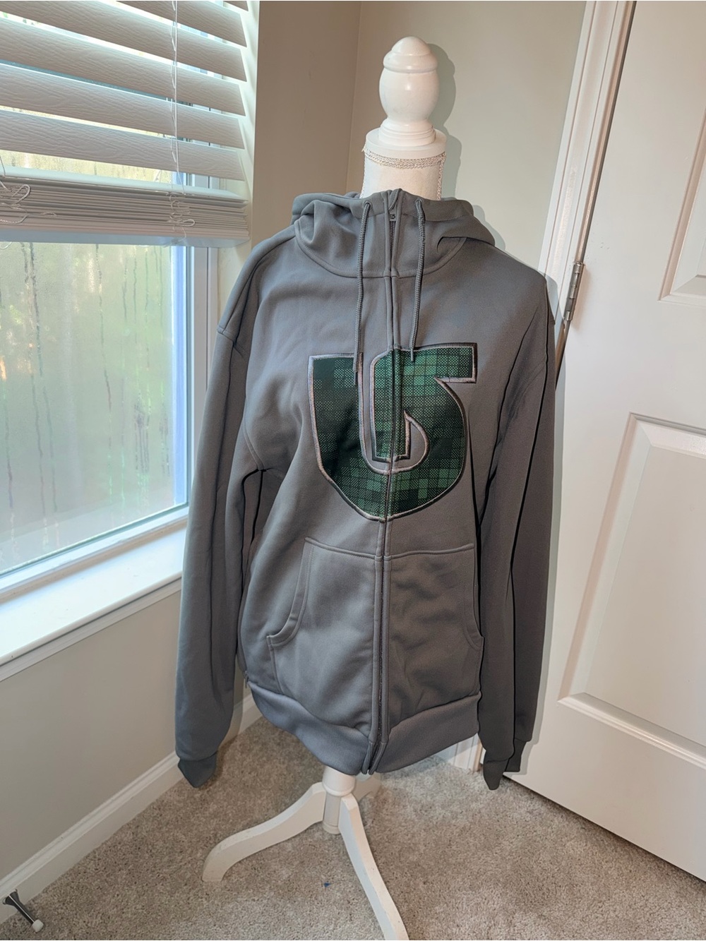 Burton Gray Zip-Up Hoodie with Green Plaid Logo XL